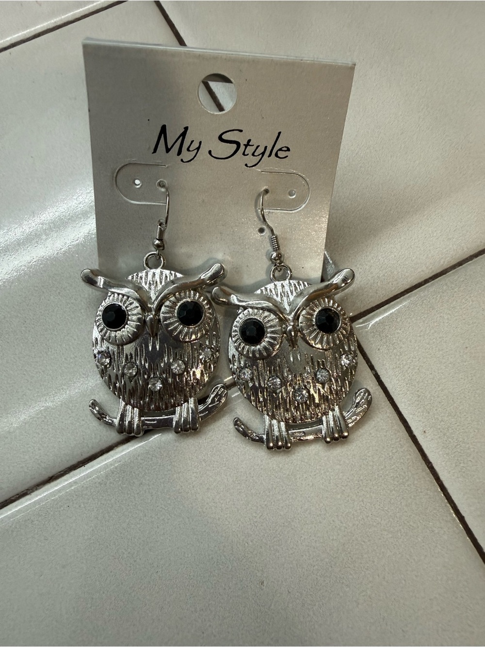 My Style Silver Owl Dangle Earrings with Black Eyes